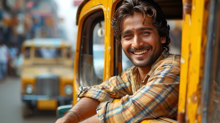 Smiling Man Leaning on an Auto Rickshaw in Urban India