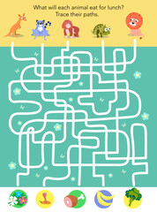 Maze game, activity for children. Vector illustration. African Australian animals and lunch. Tracing of paths. Cartoon cute characters. 