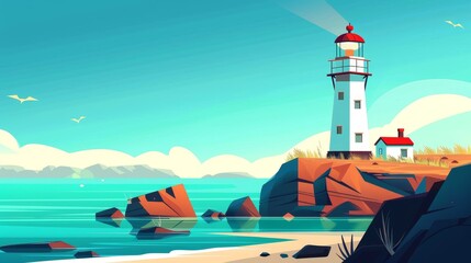 Summer seascape with lighthouse and building on cliff. Modern cartoon illustration of seascape with nautical navigation tower. Ocean shore with light house.