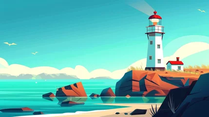 Gordijnen Summer seascape with lighthouse and building on cliff. Modern cartoon illustration of seascape with nautical navigation tower. Ocean shore with light house. © Mark