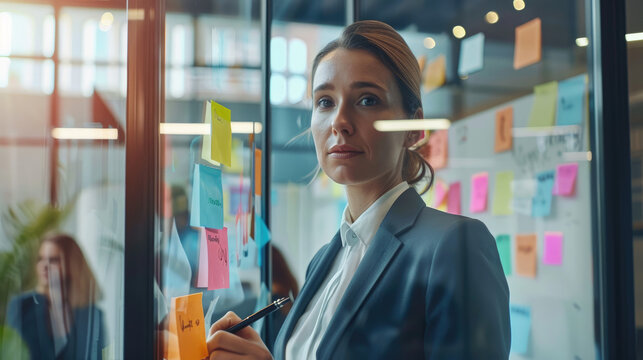A woman in business attire writing on sticky notes, standing at the glass wall of an office with her colleagues watching from behind