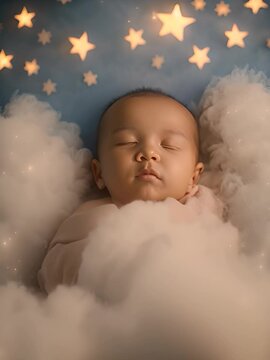 The baby is sleeping quietly with his eyes closed on a soft cloud with twinkling stars in the background
