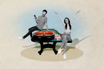 Composite image collage of two girl guy play casino roulette table iphone online game technology...