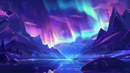 Gartenposter Aurora borealis over a night lake in starry sky. Polar lights natural landscape. Iridescent glowing wavy illumination shining above surface of water, cartoon modern illustration. © Mark