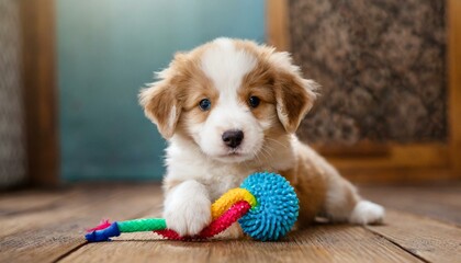 A golden retriever puppy playing with a toy.	