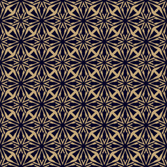 Fototapeta premium Black and gold ornamental geometric seamless pattern. Vector geometrical floral abstract background. Simple ornament texture with flower silhouettes, lattice, grid. Golden luxury repeating design