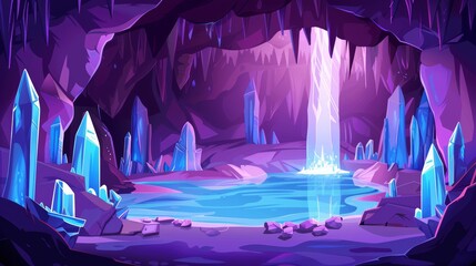 The interior of an old mountain grotto is characterized by stalactites, a lake, and crystals in an underground rocky cave. Modern cartoon illustration of an empty stone cavern with stalactites, a - obrazy, fototapety, plakaty