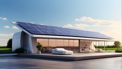futuristic, generic, solar-powered smart house rooftop system with copyspace area and large banner for renewable energy concepts - Generative AI