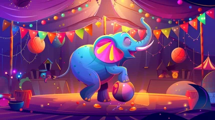 Fototapeten A circus elephant stands on a ball in a big top tent arena, surrounded by garlands. Carnival entertainment with a wild animal acrobat performs on stage. It is a modern illustration that shows © Mark