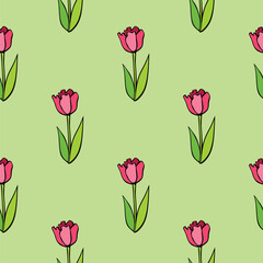 Vector seamless pattern with red tulip flowers. Hand drawn doodle cute bright texture, backdrop for wrapping paper, textile. Topic of spring, blooming nature, holidays design - obrazy, fototapety, plakaty