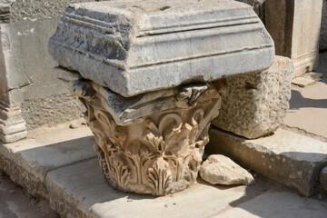 Ancient capital of the Corinthian order column in Ephesus, Turkey.
