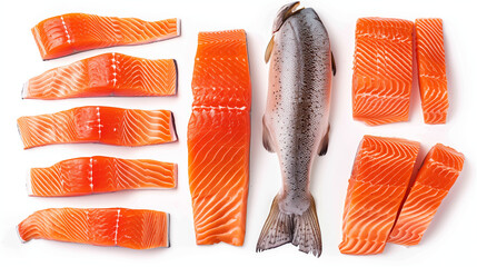 Top view of a set of whole and cut salmon isolated on a white background, featuring both the intact silhouette of the fish alongside filleted and sliced portions, offering a view of salmon - obrazy, fototapety, plakaty