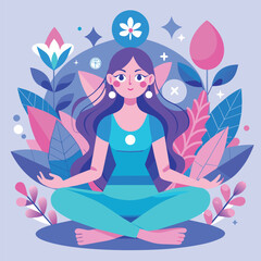 Fototapeta na wymiar A woman is sitting cross legged in a lotus position. She is wearing a white shirt and blue pants. The background is a blue sky with clouds