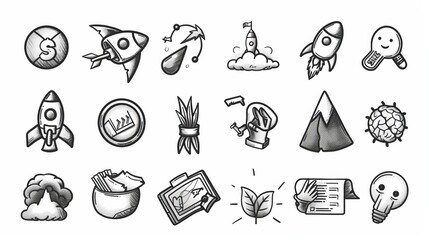 Set of doodle icons: money plant, handshake, banner on rock peak, rocket launch on paper, brain and gear. Lifebuoy, growing arrow graph, hand with seedling, linear modern business signs.