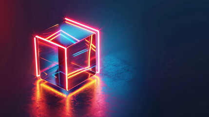3d neon edge glowing cube isolated on dark background