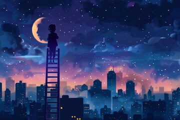 A kid standing high on a ladder watching the night landscape of the city, illustration concept - obrazy, fototapety, plakaty