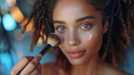 Obraz premium Make-up artist applying powder with a brush on model's cheeks, selective focus on model looking at camera.