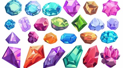 Diamonds, rubies, sapphires, topaz, amethysts and emeralds in round or geometric shapes. Modern cartoon set of precious gemstones.