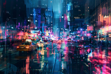 Abstract art of a bustling cityscape at night