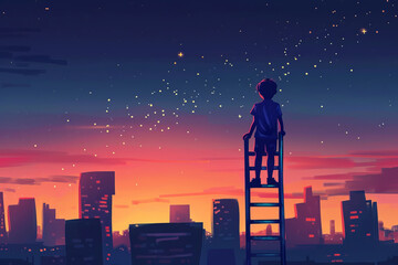 A kid standing high on a ladder watching the night landscape of the city, illustration concept - obrazy, fototapety, plakaty