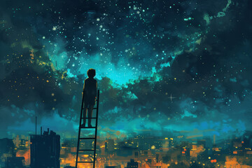 A kid standing high on a ladder watching the night landscape of the city, illustration concept