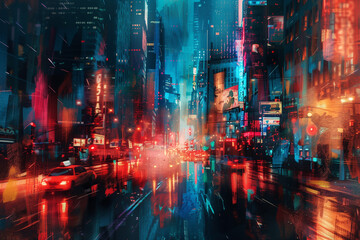 Abstract art of a bustling cityscape at night