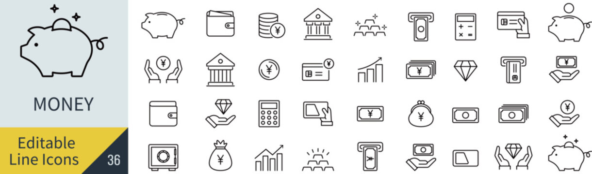 線の編集ができるベクターのお金の線画アイコンセット（アウトライン化していない）