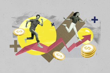 Composite collage picture image of running arrow man female earning money trader fantasy billboard comics zine minimal - obrazy, fototapety, plakaty