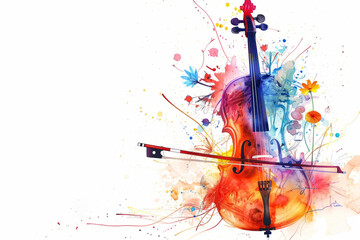 Colorful cello splashed with flora illustration isolated on white background