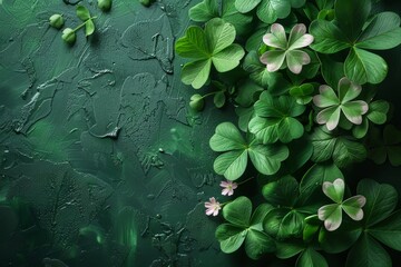 Fresh green clovers with a subtle touch of a pink flower, presenting a sense of delicacy on a textured green surface