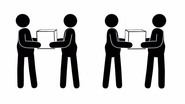 Pictogram people passing boxes along a chain like a conveyor belt. Looping animation with alpha channel.