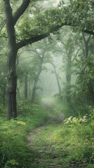 Obraz premium Serene Misty Forest Path in Lush Green Woodland