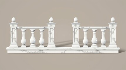 Stone or marble balustrades with pillars, columns, balusters and handrails. Modern realistic 3D fence set in classic greek or roman style for balconies, terraces, stairs.