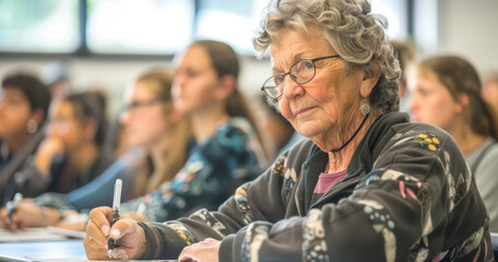 A photo of an older woman in casual sitting at her desk, teaching students in the background who have their own desks and notes in front of them - obrazy, fototapety, plakaty