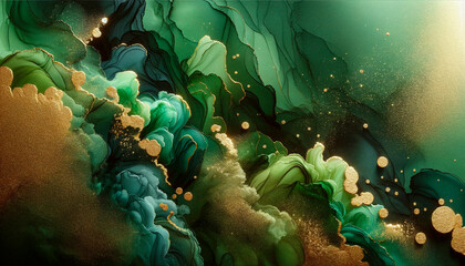 abstract fluid art in luxurious deep green with gold accents and copy space.