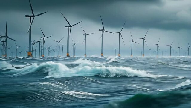 A large body of water with many wind turbines in the background, wind farm in ocean.