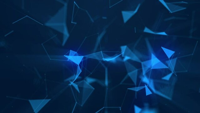 Scene featuring blue geometric shapes and lines on a dark blue background.