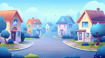 Early morning suburban district with houses. Modern cartoon illustration of a summer city scene with cottages, bushes, and trees.