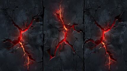 A modern realistic set of lightning, electric impacts or cracks with magic light in land in top view isolated on black background.