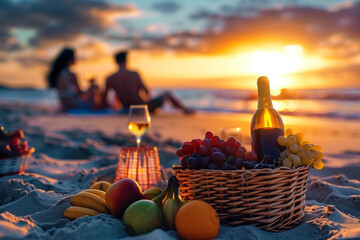  couple enjoying a romantic picnic on the beach at sunset, with a wicker basket overflowing with...
