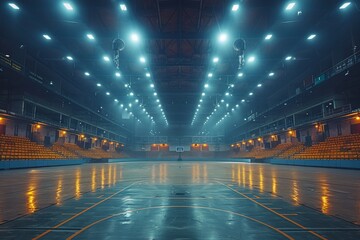 A vast, empty indoor sports hall with rows of seating and bright ceiling lights gleaming on the...