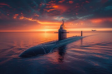 A dramatic scene with a large submarine on the ocean surface during sunset, complemented by a...