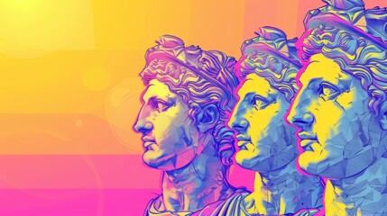 Poster design for art exhibition. Contemporary horizontal banner with Greek sculpture collage on gradient background.