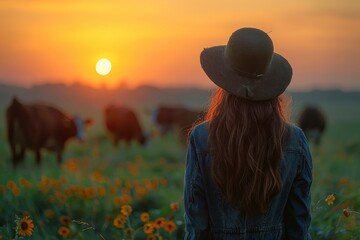 A serene image of a woman in a hat contemplating cattle on a field at sunset, portraying tranquility and connection to nature