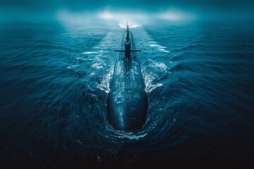 A large, powerful submarine cuts through foggy waters, hinting at a secretive and strategic naval operation