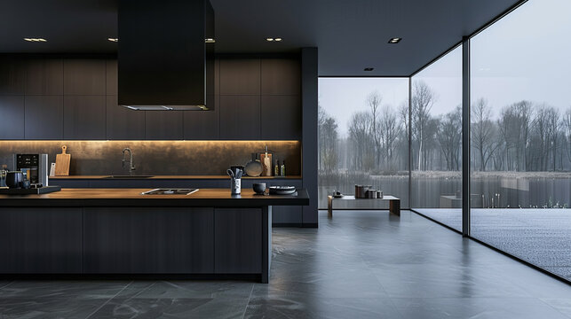 Dark gray modern minimalistic kitchen, with classic wood fittings, panoramic window, luxury interior design