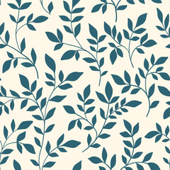 Seamless botanical pattern, abstract nature ornament: leaves silhouettes. Simple floral surface design: hand drawn small foliage, blue branches on a white background. Vector illustration in two colors