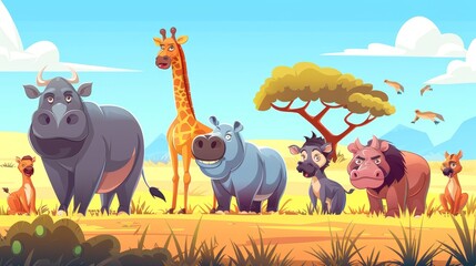 A modern cartoon illustration of adorable giraffes, cheetahs, rhinoceros, hippopotamuses, hyenas, wildebeests and a savannah landscape with trees, bushes and grass.