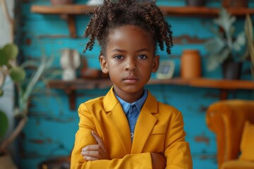Serious faced young girl in a yellow jacket and blue shirt standing confidently with arms crossed in a vibrant setting - obrazy, fototapety, plakaty