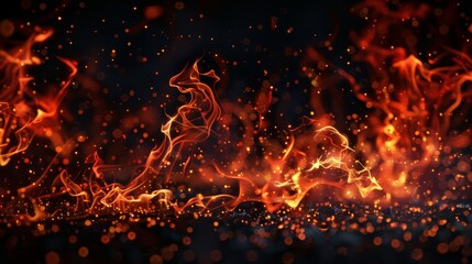 Red fire sparks overlay effect, burning campfire flame with ember particles flying in the air at night. Abstract magic glow, energy blaze and shine on black background. Realistic 3D modern